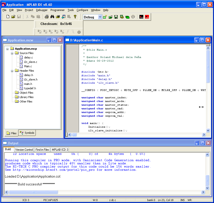 I2C application compiled using MPLAB