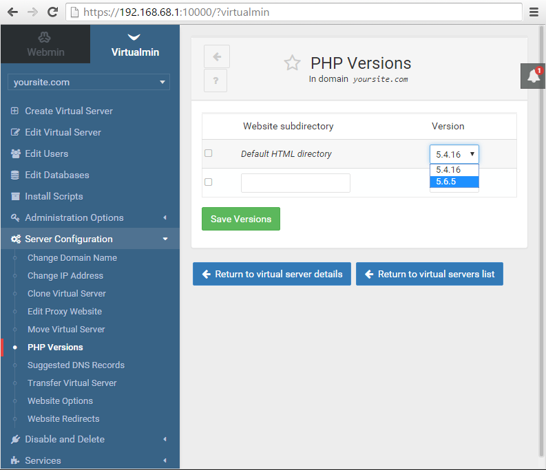 Virtualmin multiple PHP version selection