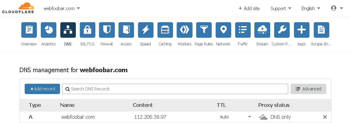 Cloudflare webfoobar.com A record DNS settings