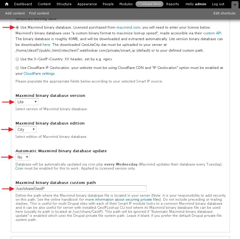 Smart IP admin page GeoIP CLI database setup