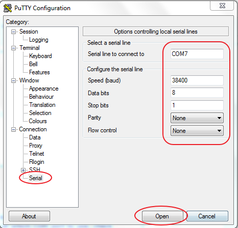 Setup PuTTY serial options