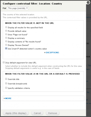 Configure views Location: Country contextual filter