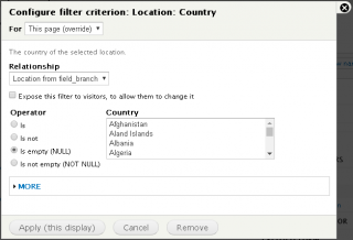 Location country filter select "Is empty (NULL)"