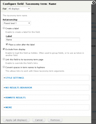 First level parent term name field settings