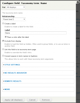 Third level parent term name field settings