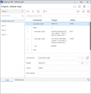 Selenium IDE infinite loop tests run workaround setup