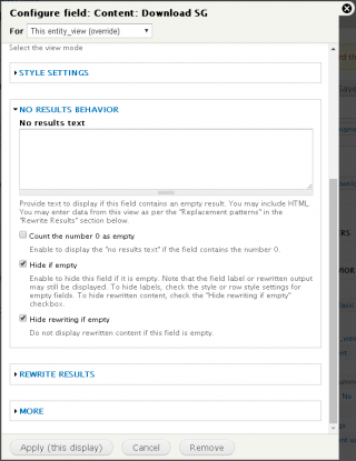 Views Download SG field No Results Behavior settings