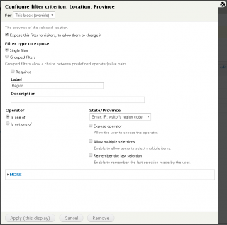 Views region filter settings