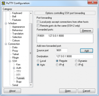 PuTTY SSH tunnel settings