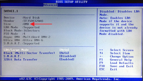 BIOS showing hard disk status